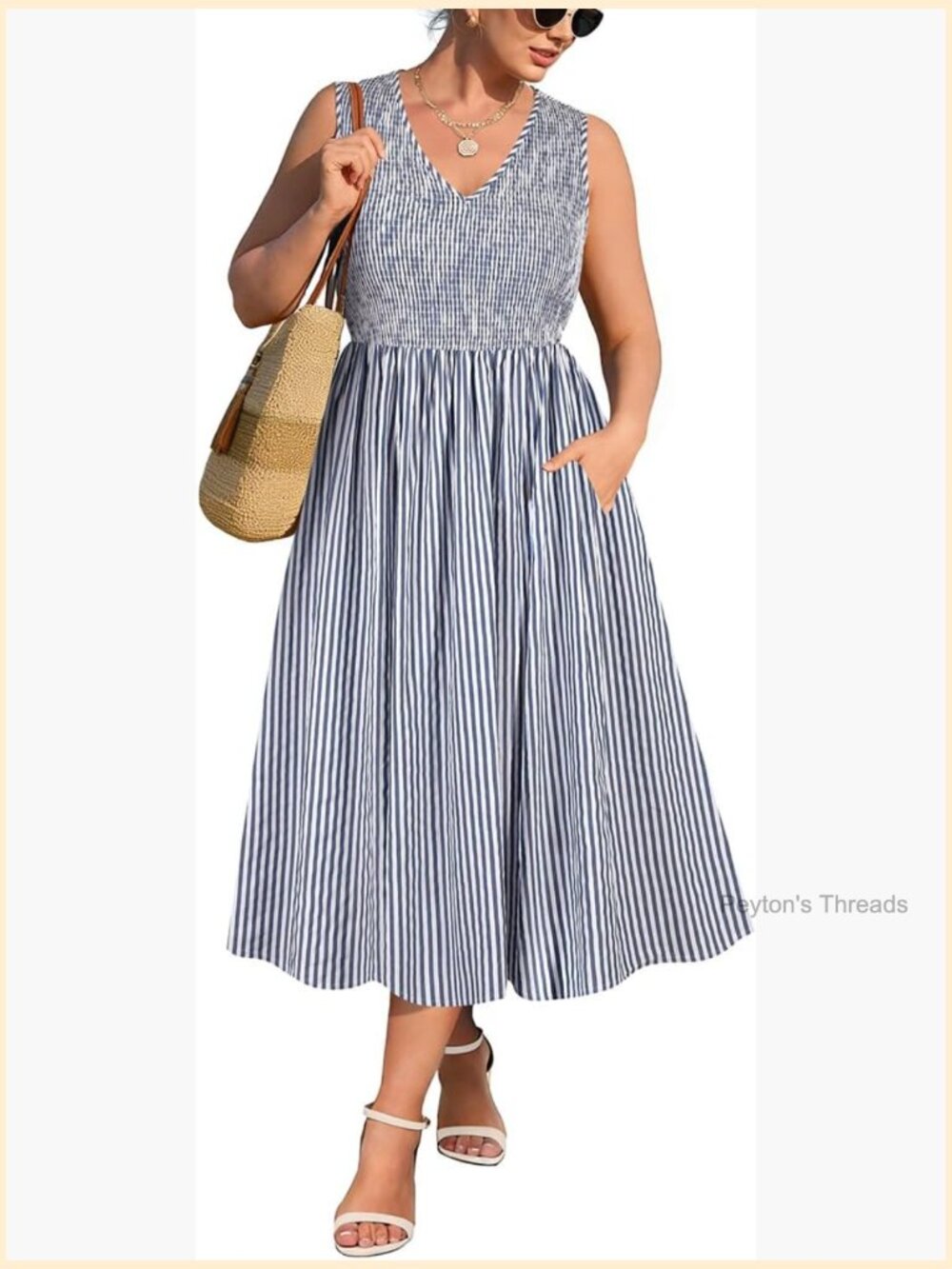 Plus Size Sleeveless V-Neck Maxi Dress with Pockets Smocked Summer Dress
